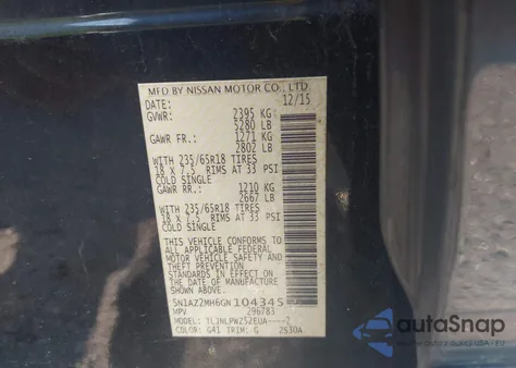 2016 Nissan Murano Platinum/S/Sl/Sv z USA, uszkodzony, nr VIN 5N1AZ2MH6GN104345